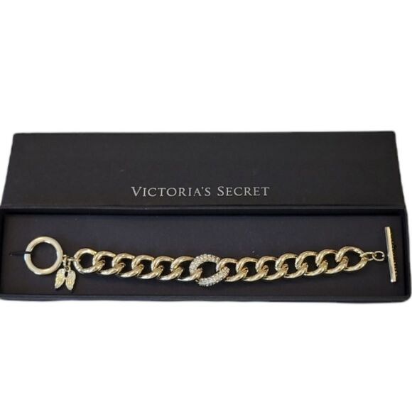 Victoria's Secret Gold Tone Pave Crystal Link Toggle Clasp Bracelet - Picture 1 of 7